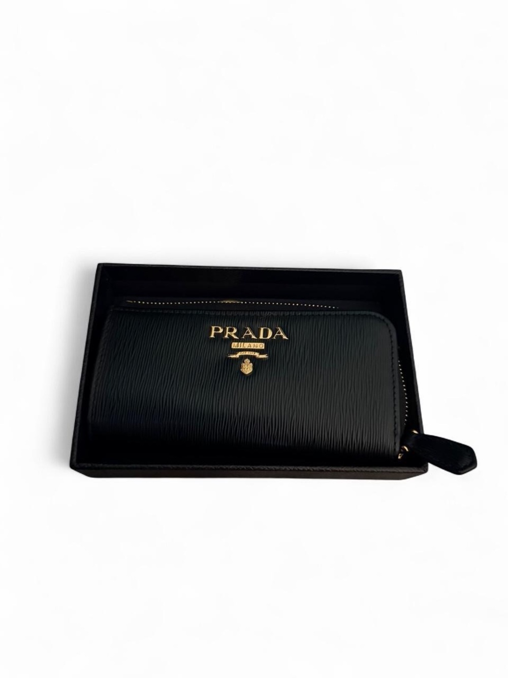 Prada Black Saffiano Leather Zip Wallet with Gold Logo